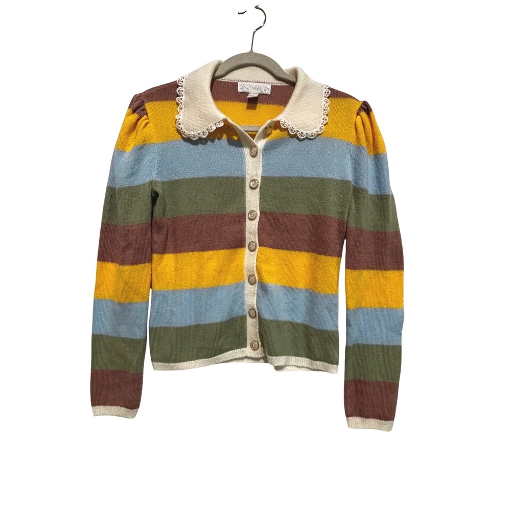 Womens Striped Cardigan Sweater Lace Peter Pan Collar Sz S academic preppy Kitty